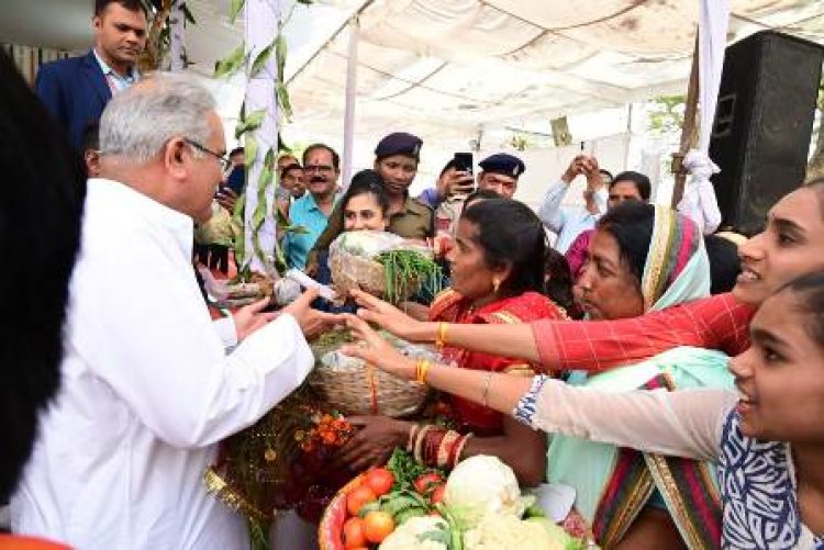 नारा निवासी अनमोल सहायता समूह से जुड़ी चमेली बांधे ने मुख्यमंत्री को गौठान की सब्जियां भेंट की